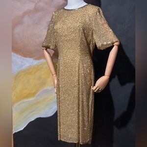 Vntg Gold Silk Bugle Bead Cocktail Dress